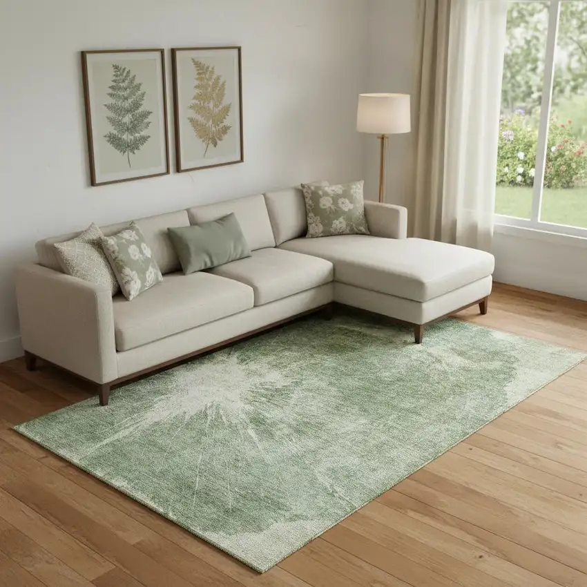 Fern Green And Ivory Abstract Washable Area Rug With UV Protection Photo 1