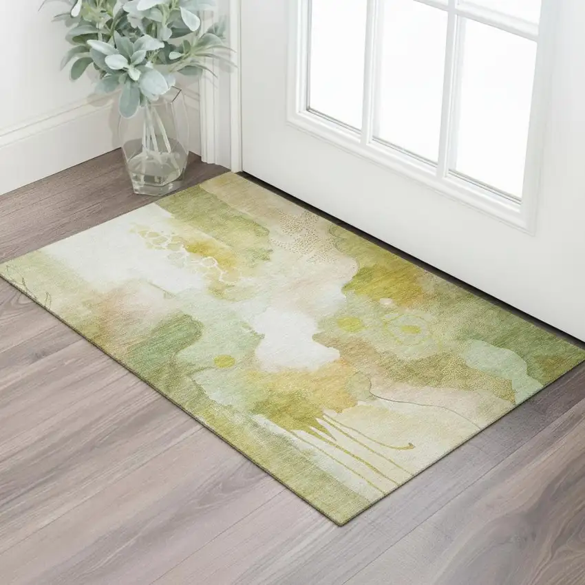Fern Green And Ivory Abstract Washable Area Rug With UV Protection Photo 2