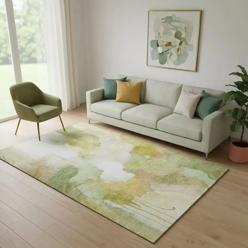 Fern Green And Ivory Abstract Washable Area Rug With UV Protection Photo 2