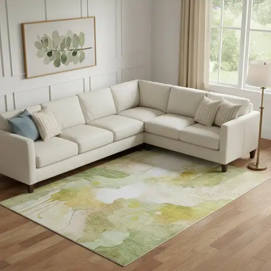 Fern Green And Ivory Abstract Washable Area Rug With UV Protection Photo 2