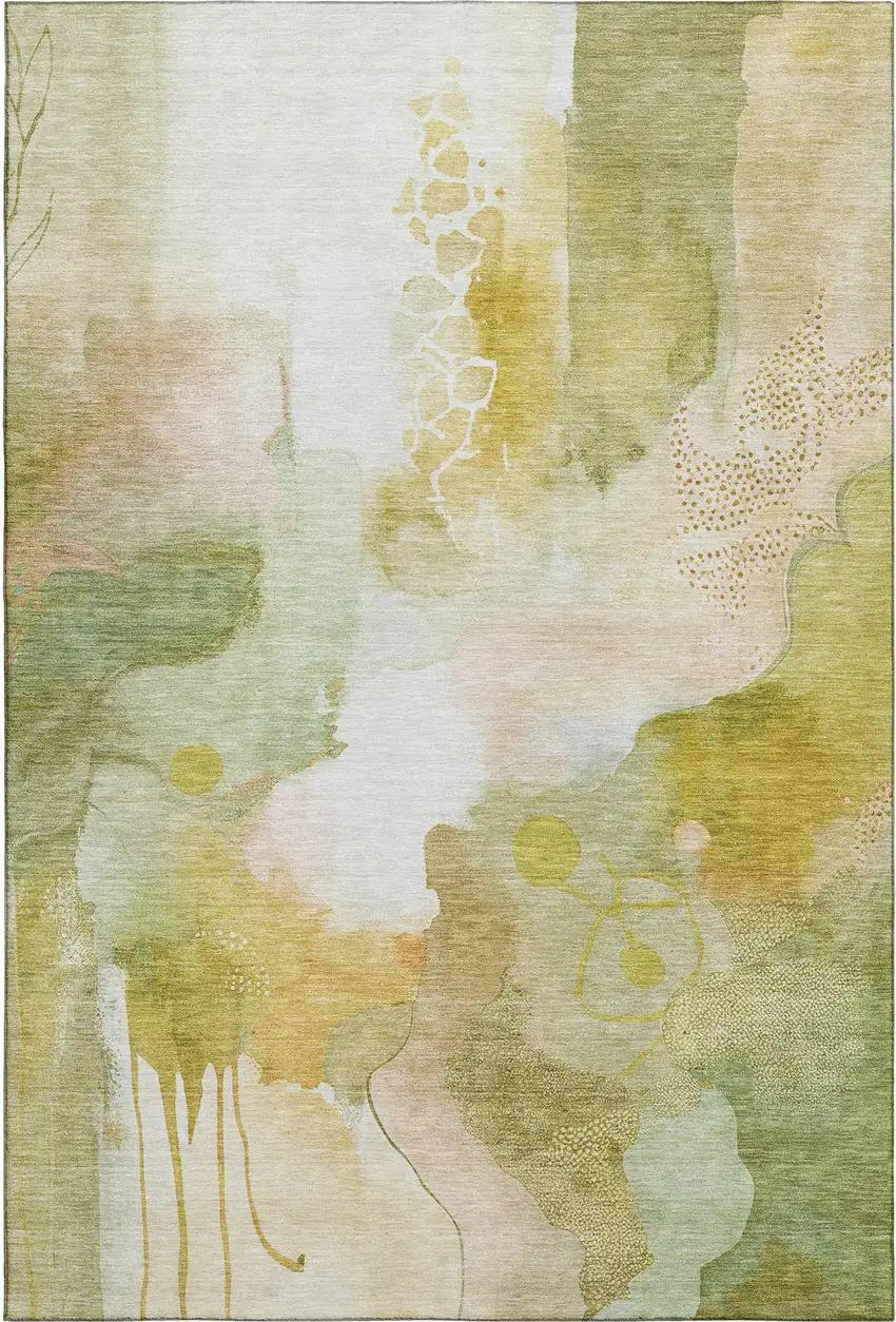 Fern Green And Ivory Abstract Washable Area Rug With UV Protection Photo 1