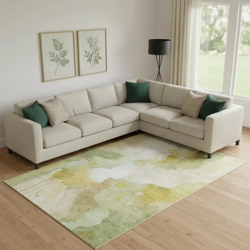 Fern Green And Ivory Abstract Washable Area Rug With UV Protection Photo 1