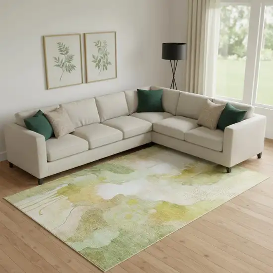 Fern Green And Ivory Abstract Washable Area Rug With UV Protection Photo 1