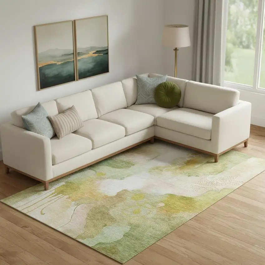 Fern Green And Ivory Abstract Washable Area Rug With UV Protection Photo 2