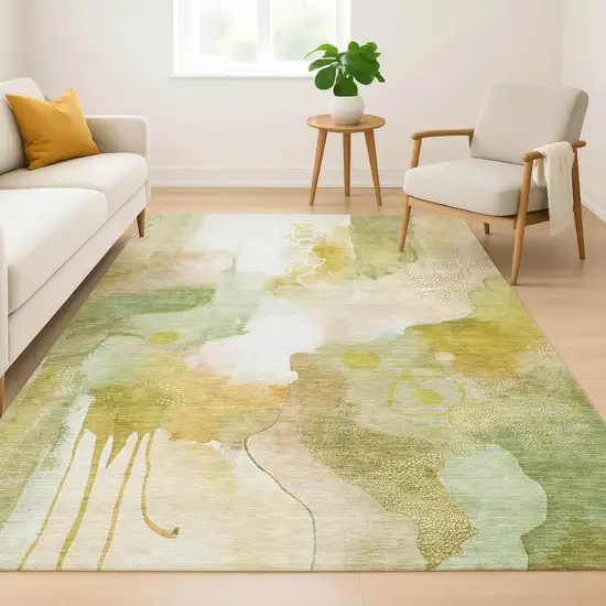 Fern Green And Ivory Abstract Washable Area Rug With UV Protection Photo 6