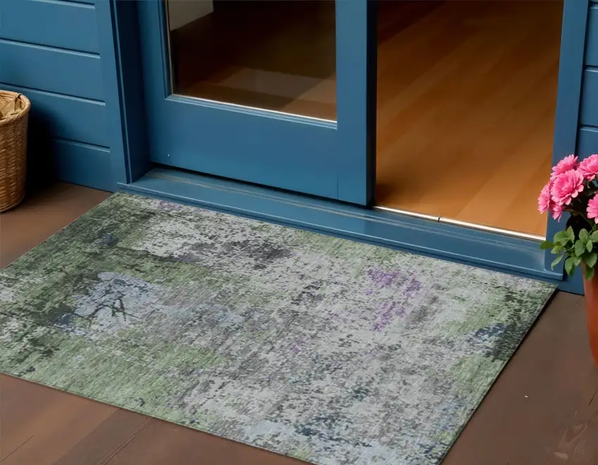 Fern Green And Ivory Abstract Washable Indoor Outdoor Area Rug Photo 2