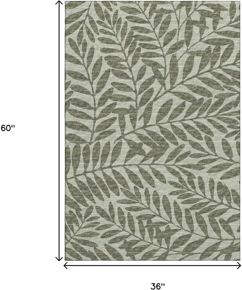 Fern Green And Ivory Botanical Leaves Washable Area Rug With UV Protection Photo 3