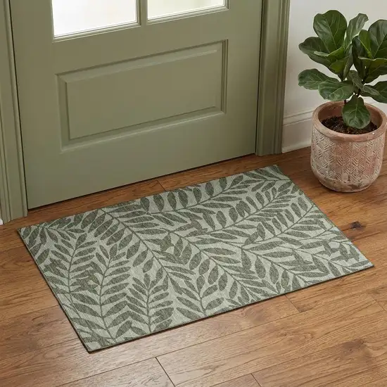 Fern Green And Ivory Botanical Leaves Washable Area Rug With UV Protection Photo 1