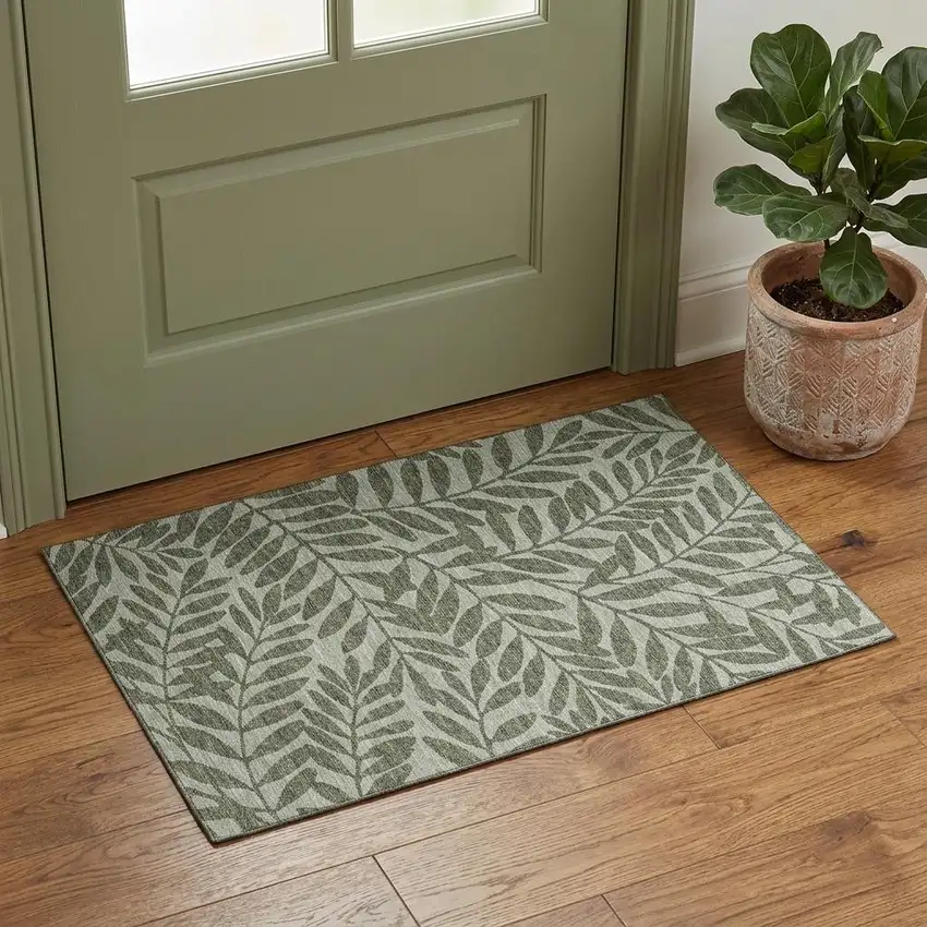 Fern Green And Ivory Botanical Leaves Washable Area Rug With UV Protection Photo 1
