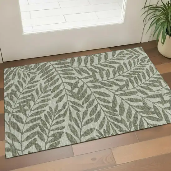 Fern Green And Ivory Botanical Leaves Washable Area Rug With UV Protection Photo 1
