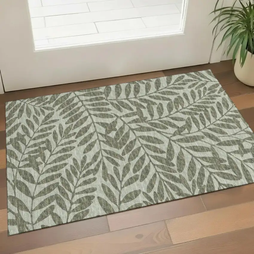 Fern Green And Ivory Botanical Leaves Washable Area Rug With UV Protection Photo 1