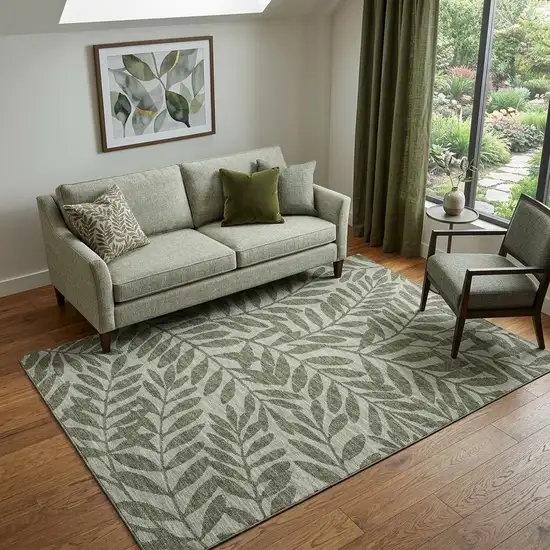 Fern Green And Ivory Botanical Leaves Washable Area Rug With UV Protection Photo 1