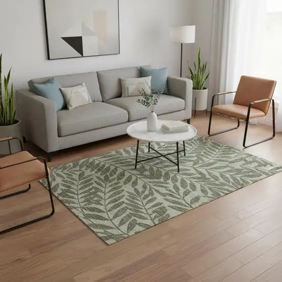 Fern Green And Ivory Botanical Leaves Washable Area Rug With UV Protection Photo 1