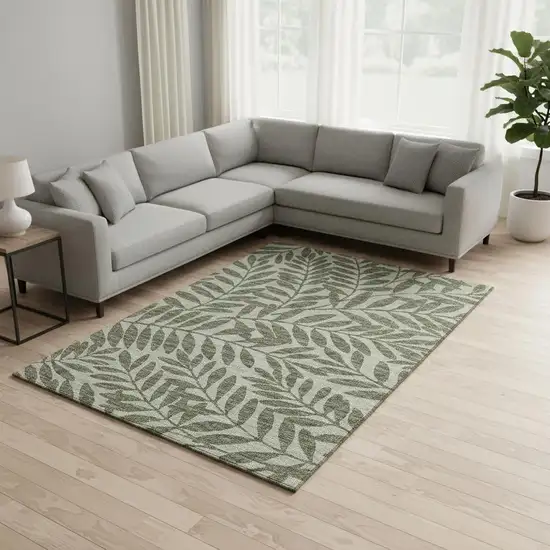 Fern Green And Ivory Botanical Leaves Washable Area Rug With UV Protection Photo 1