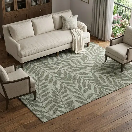 Fern Green And Ivory Botanical Leaves Washable Area Rug With UV Protection Photo 1