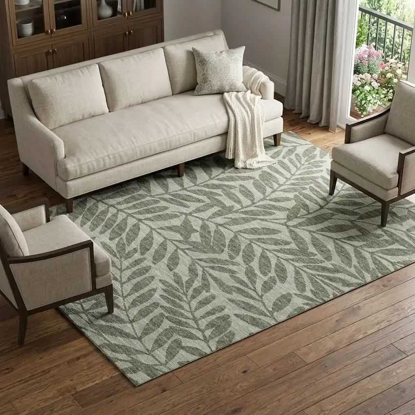 Fern Green And Ivory Botanical Leaves Washable Area Rug With UV Protection Photo 1