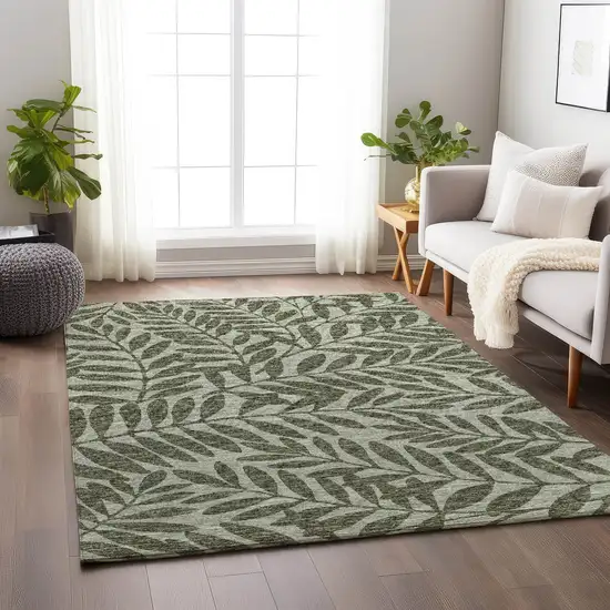 Fern Green And Ivory Botanical Leaves Washable Area Rug With UV Protection Photo 4