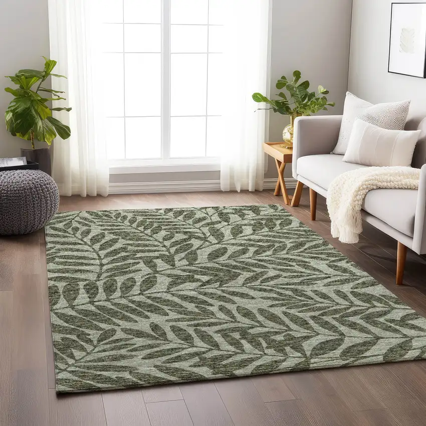 Fern Green And Ivory Botanical Leaves Washable Area Rug With UV Protection Photo 4