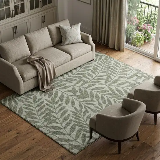 Fern Green And Ivory Botanical Leaves Washable Area Rug With UV Protection Photo 1