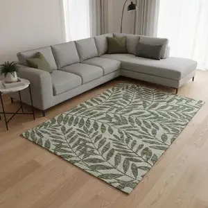 Photo of Fern Green And Ivory Botanical Leaves Washable Area Rug With UV Protection