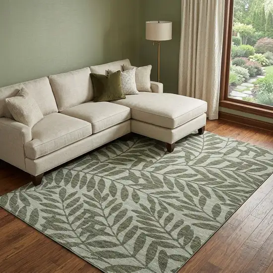 Fern Green And Ivory Botanical Leaves Washable Area Rug With UV Protection Photo 1
