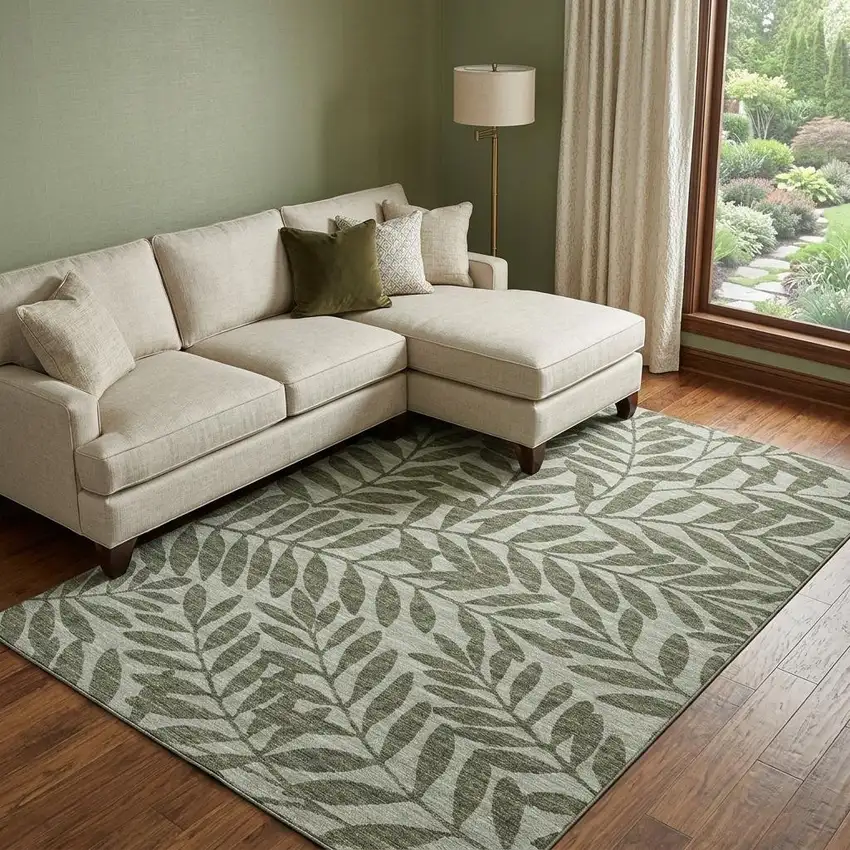 Fern Green And Ivory Botanical Leaves Washable Area Rug With UV Protection Photo 1