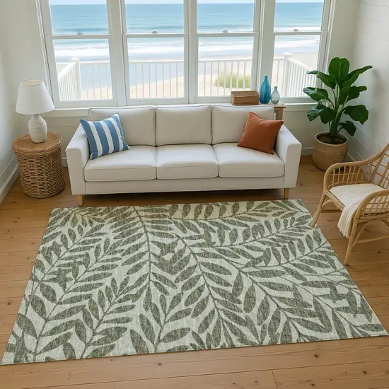 Fern Green And Ivory Botanical Leaves Washable Area Rug With UV Protection Photo 5
