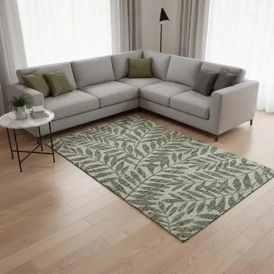 Fern Green And Ivory Botanical Leaves Washable Area Rug With UV Protection Photo 1