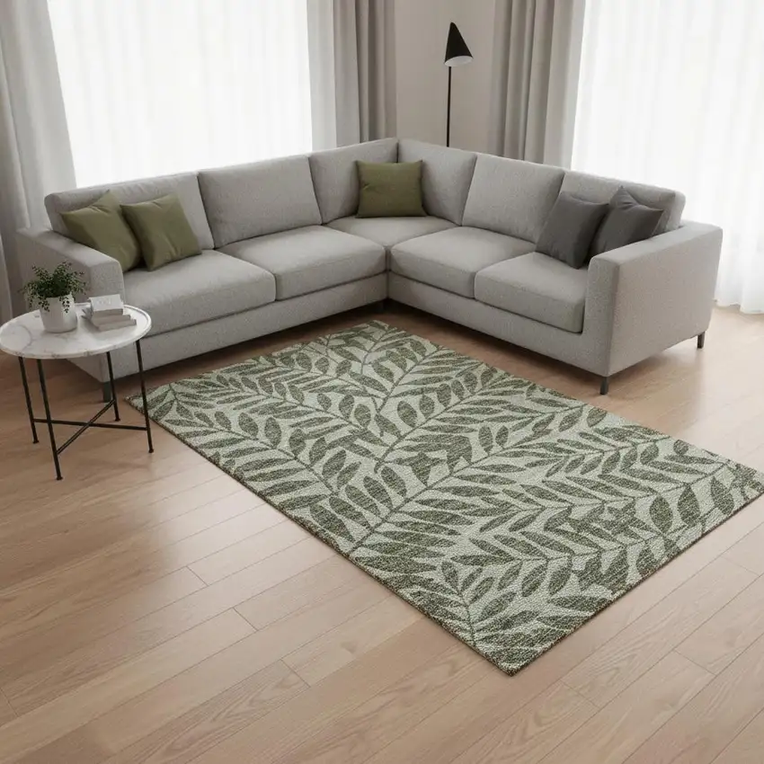 Fern Green And Ivory Botanical Leaves Washable Area Rug With UV Protection Photo 1