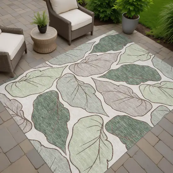 Fern Green And Ivory Botanical Leaves Washable Indoor Outdoor Area Rug Photo 6
