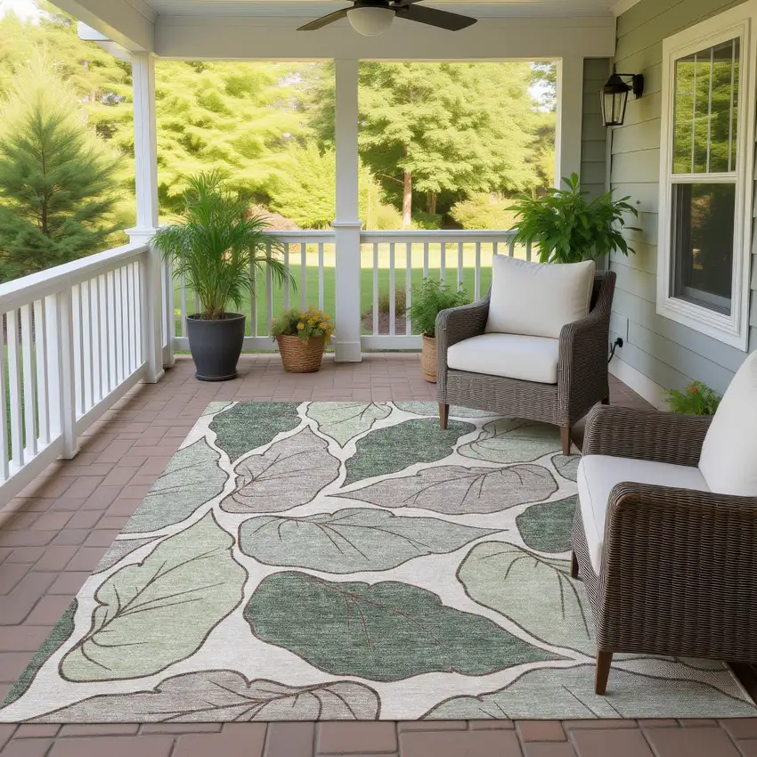 Fern Green And Ivory Botanical Leaves Washable Indoor Outdoor Area Rug Photo 9