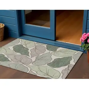 Photo of Fern Green And Ivory Botanical Leaves Washable Indoor Outdoor Area Rug