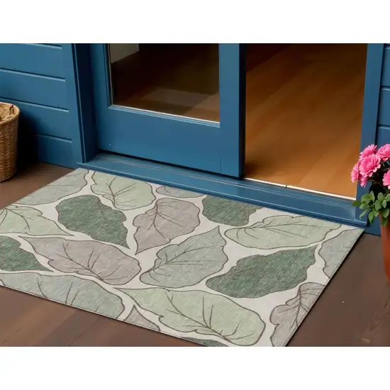 Fern Green And Ivory Botanical Leaves Washable Indoor Outdoor Area Rug Photo 1
