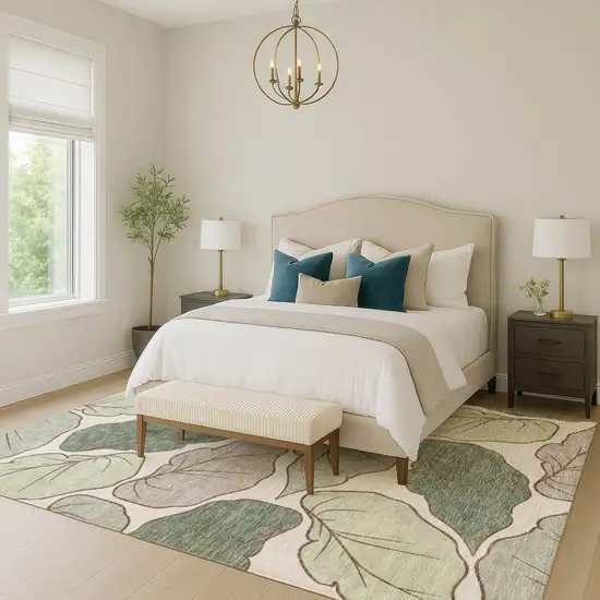 Fern Green And Ivory Botanical Leaves Washable Indoor Outdoor Area Rug Photo 7