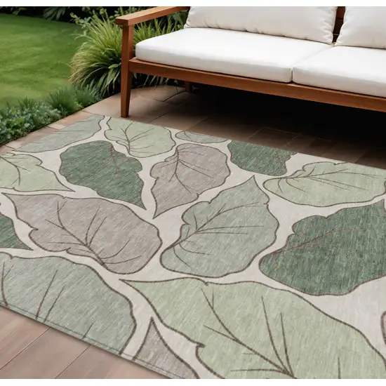 Fern Green And Ivory Botanical Leaves Washable Indoor Outdoor Area Rug Photo 1