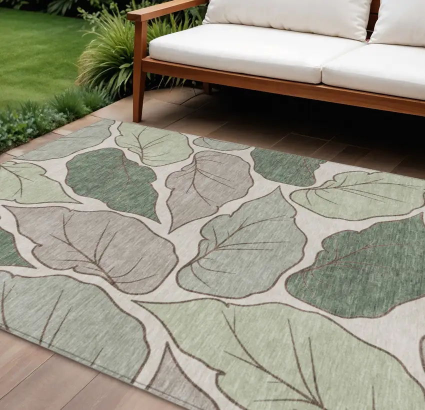 Fern Green And Ivory Botanical Leaves Washable Indoor Outdoor Area Rug Photo 1