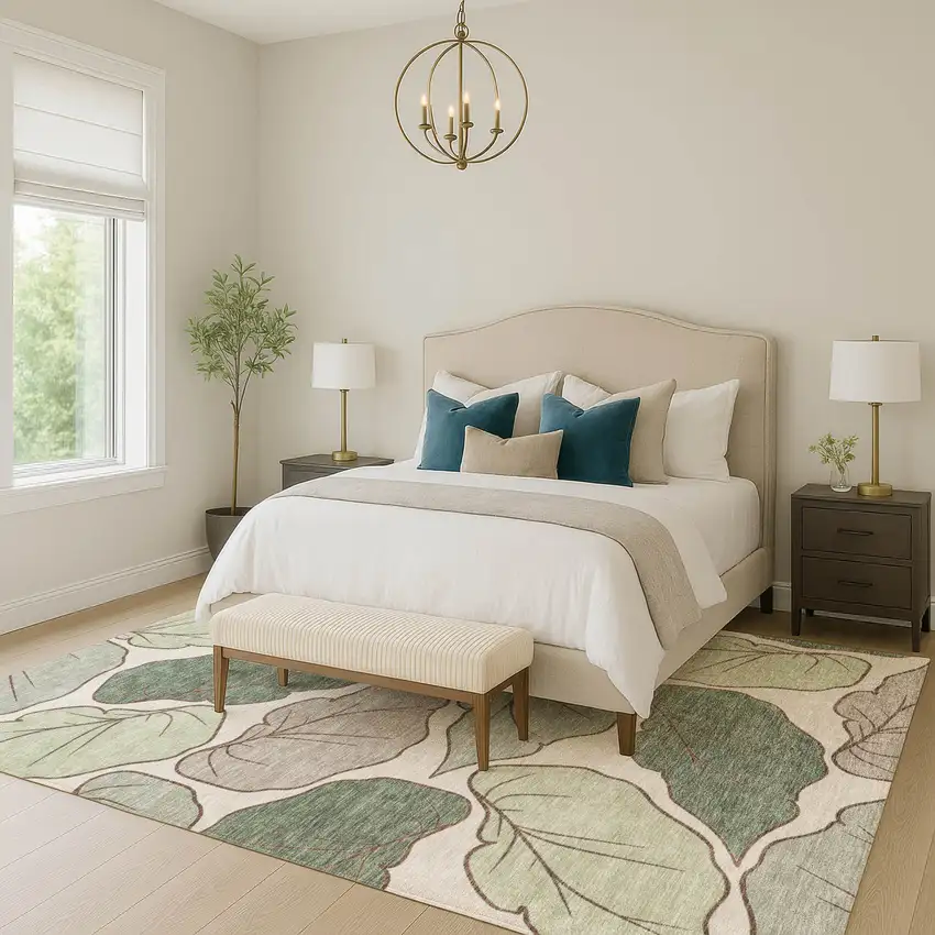 Fern Green And Ivory Botanical Leaves Washable Indoor Outdoor Area Rug Photo 7