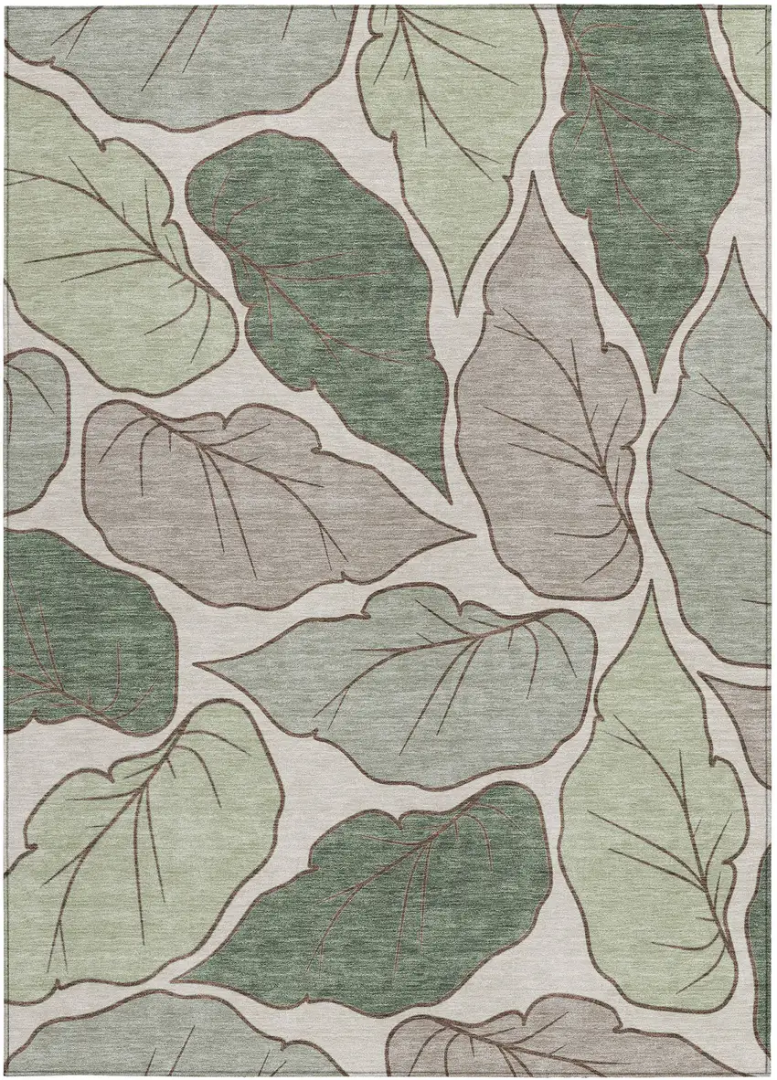 Fern Green And Ivory Botanical Leaves Washable Indoor Outdoor Area Rug Photo 4