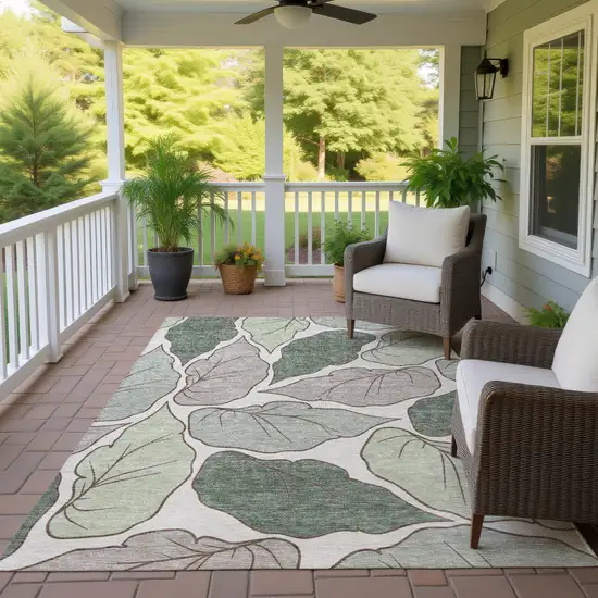 Fern Green And Ivory Botanical Leaves Washable Indoor Outdoor Area Rug Photo 9