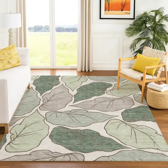 Fern Green And Ivory Botanical Leaves Washable Indoor Outdoor Area Rug Photo 9