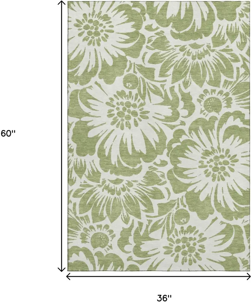 Fern Green And Ivory Floral Washable Area Rug With UV Protection Photo 3