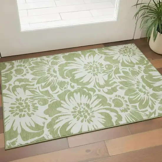 Fern Green And Ivory Floral Washable Area Rug With UV Protection Photo 1