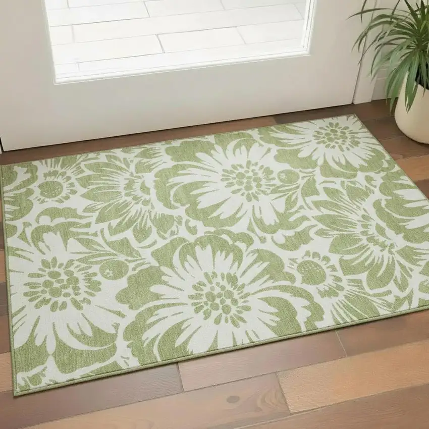 Fern Green And Ivory Floral Washable Area Rug With UV Protection Photo 1