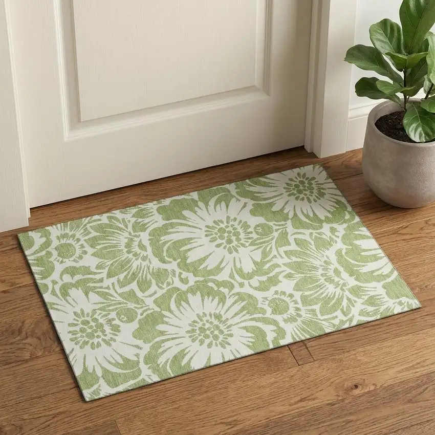 Fern Green And Ivory Floral Washable Area Rug With UV Protection Photo 1