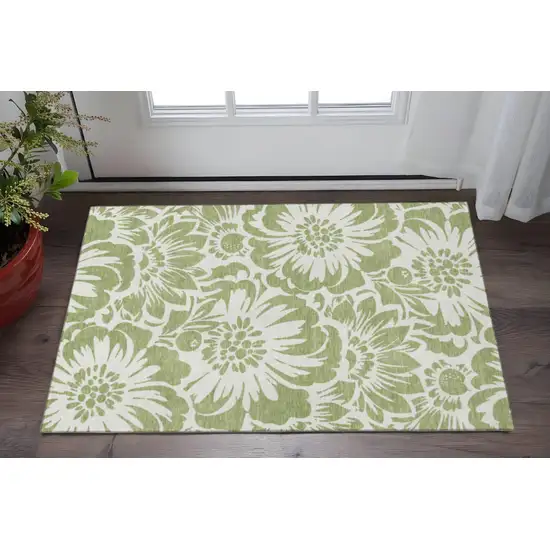Fern Green And Ivory Floral Washable Area Rug With UV Protection Photo 2
