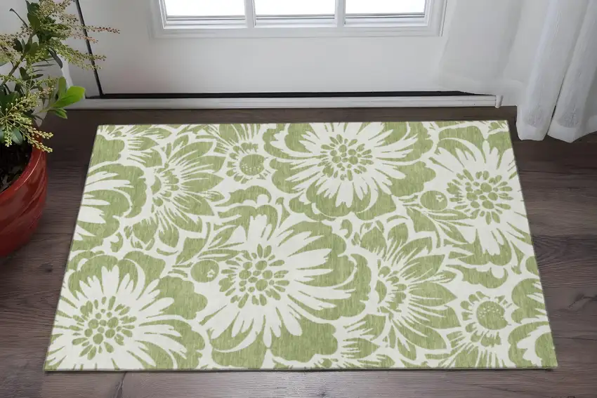 Fern Green And Ivory Floral Washable Area Rug With UV Protection Photo 2