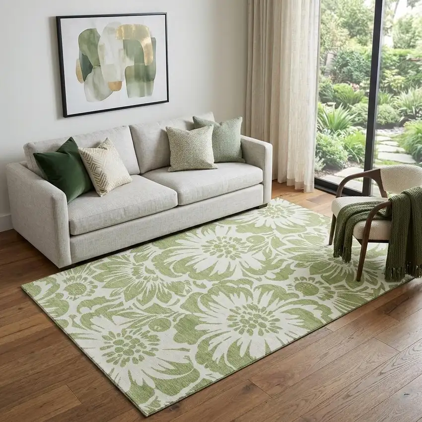 Fern Green And Ivory Floral Washable Area Rug With UV Protection Photo 1