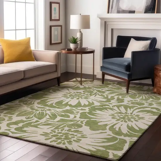 Fern Green And Ivory Floral Washable Area Rug With UV Protection Photo 5
