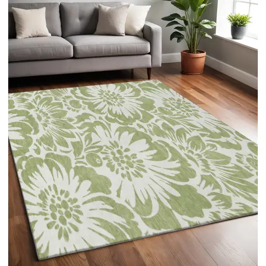 Fern Green And Ivory Floral Washable Area Rug With UV Protection Photo 2