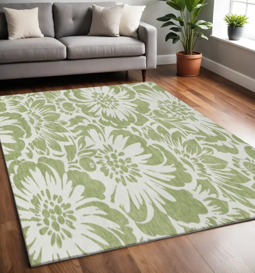 Fern Green And Ivory Floral Washable Area Rug With UV Protection Photo 2